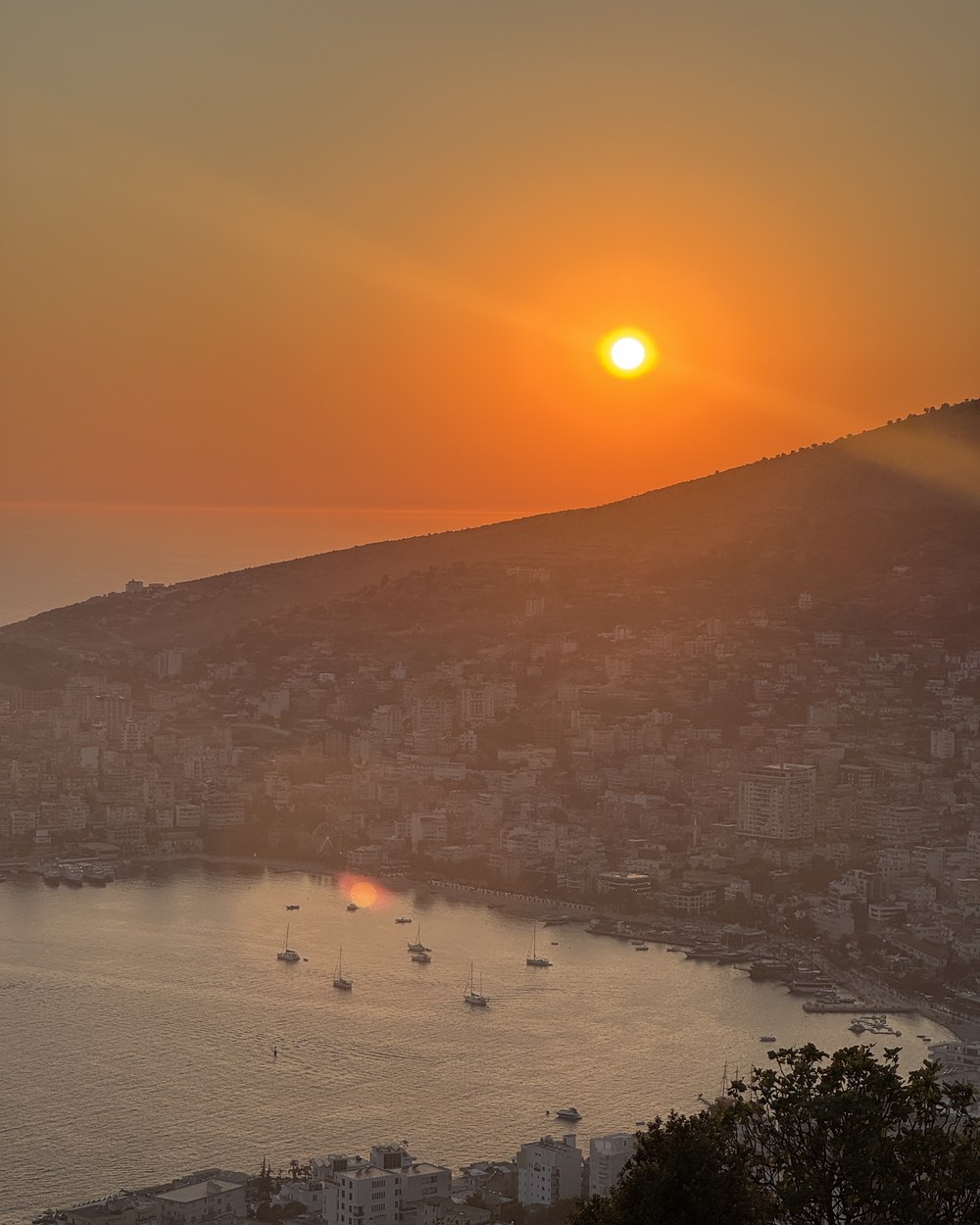 Sunset over Sarandë and the bay seen from Lëkurësi Castle, Albania