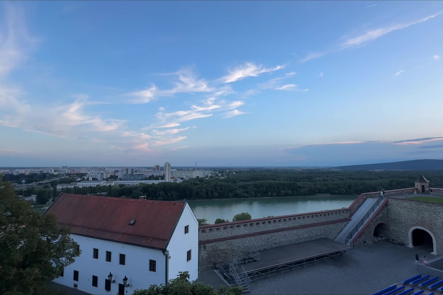 The view from Bratislava Castle over the Danube and the city at dusk