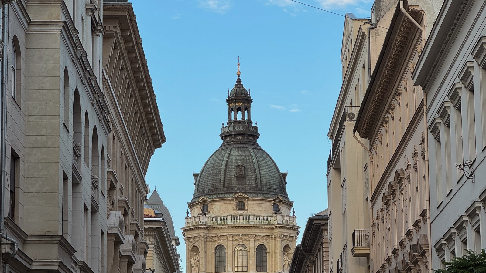 A Budapest street with St Stephen's Basilica rising at the end of it