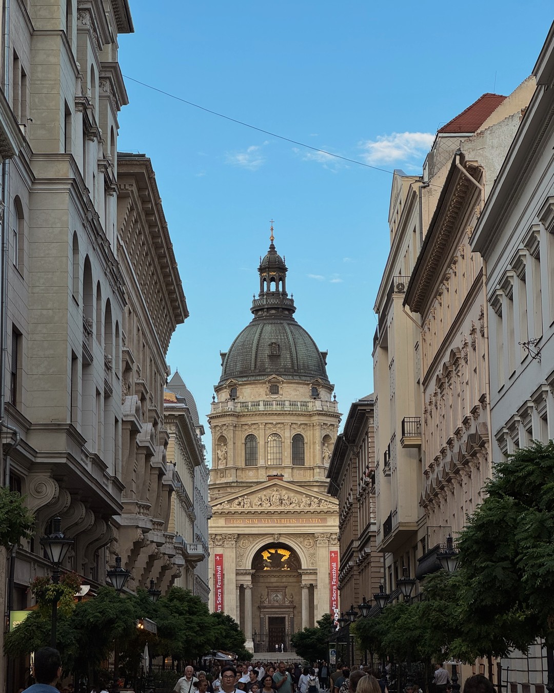 A Budapest street with St Stephen's Basilica rising at the end of it