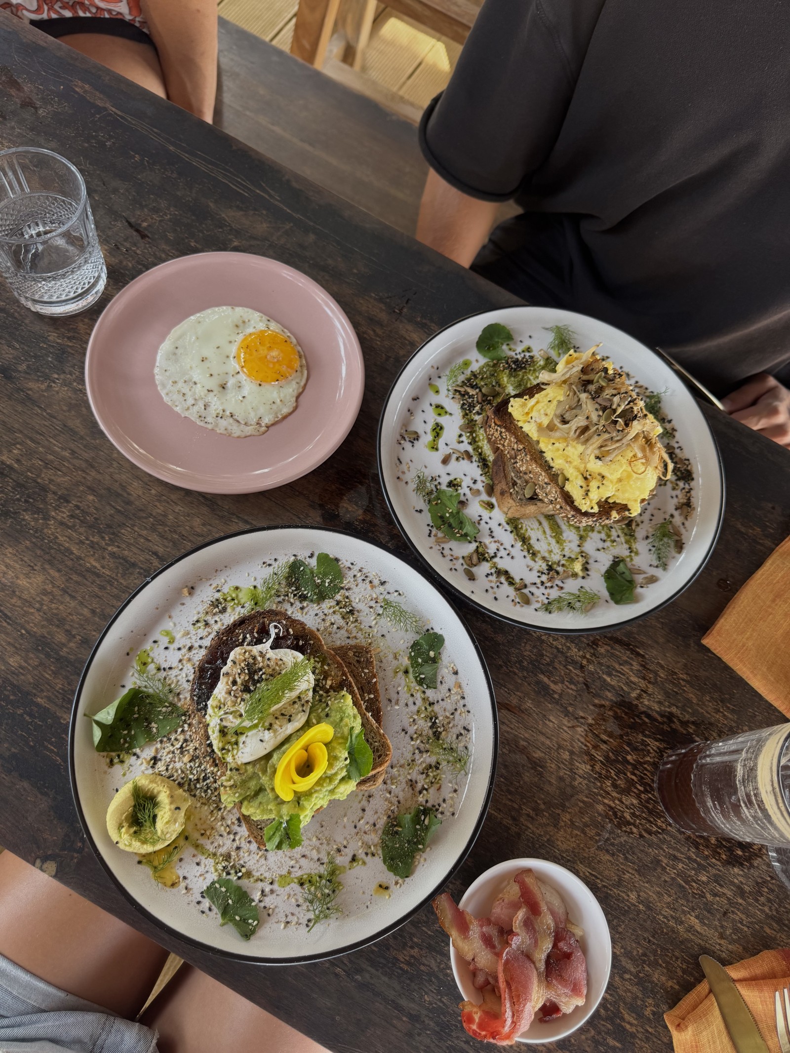 Breakfast plates, toast and drinks on a café table during our travels