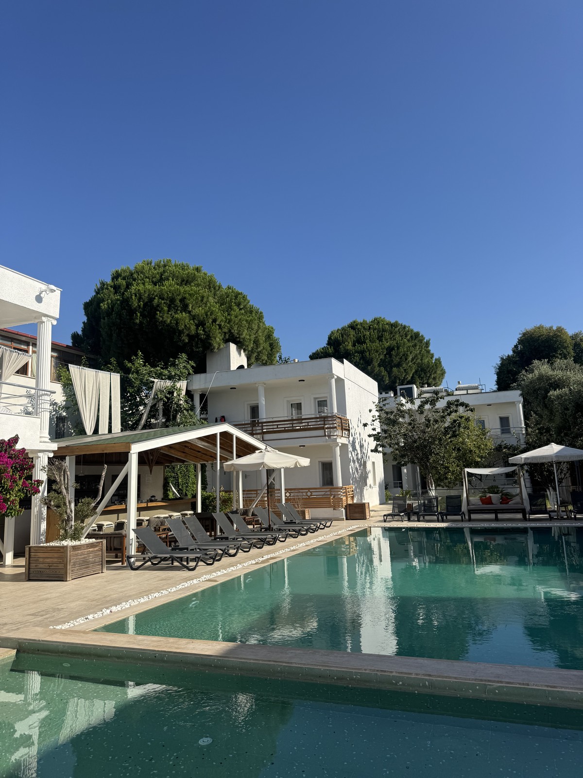 Pool and sun loungers beside the white buildings at Costa Maya Bodrum