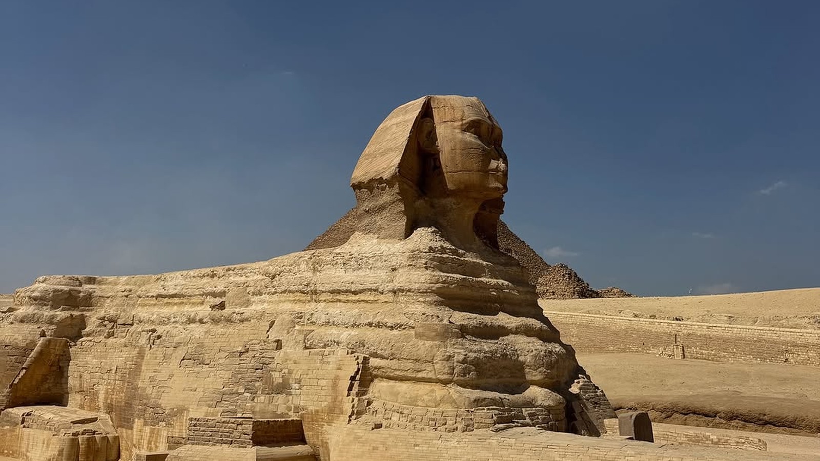 The Great Sphinx and pyramid on the Giza Plateau during our visit