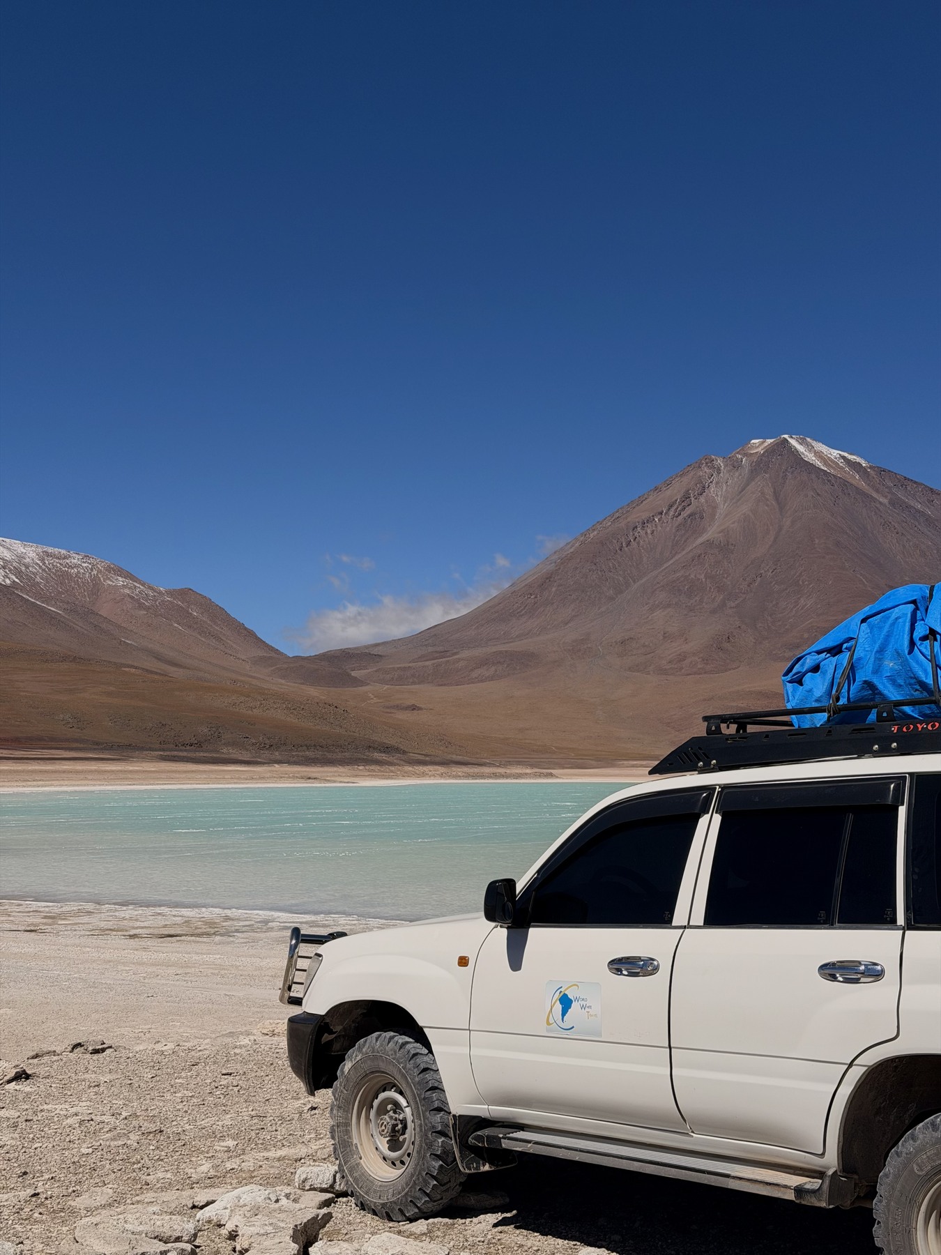 Our four-wheel drive beside a turquoise lagoon and volcano in Bolivia