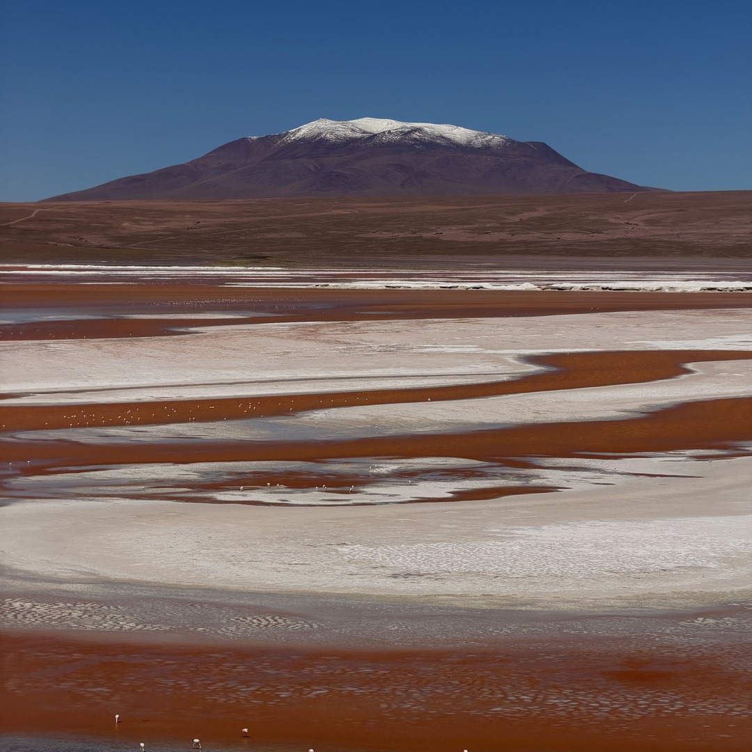 Red water and white shoreline below a mountain at Laguna Colorada