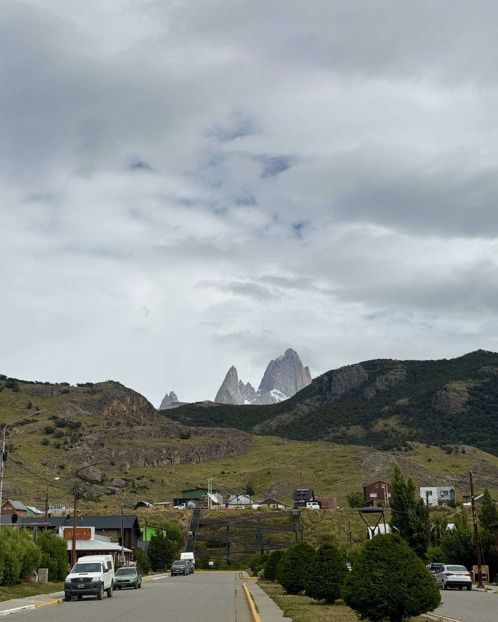 Mount Fitz Roy rising behind El Chaltén on the way into town