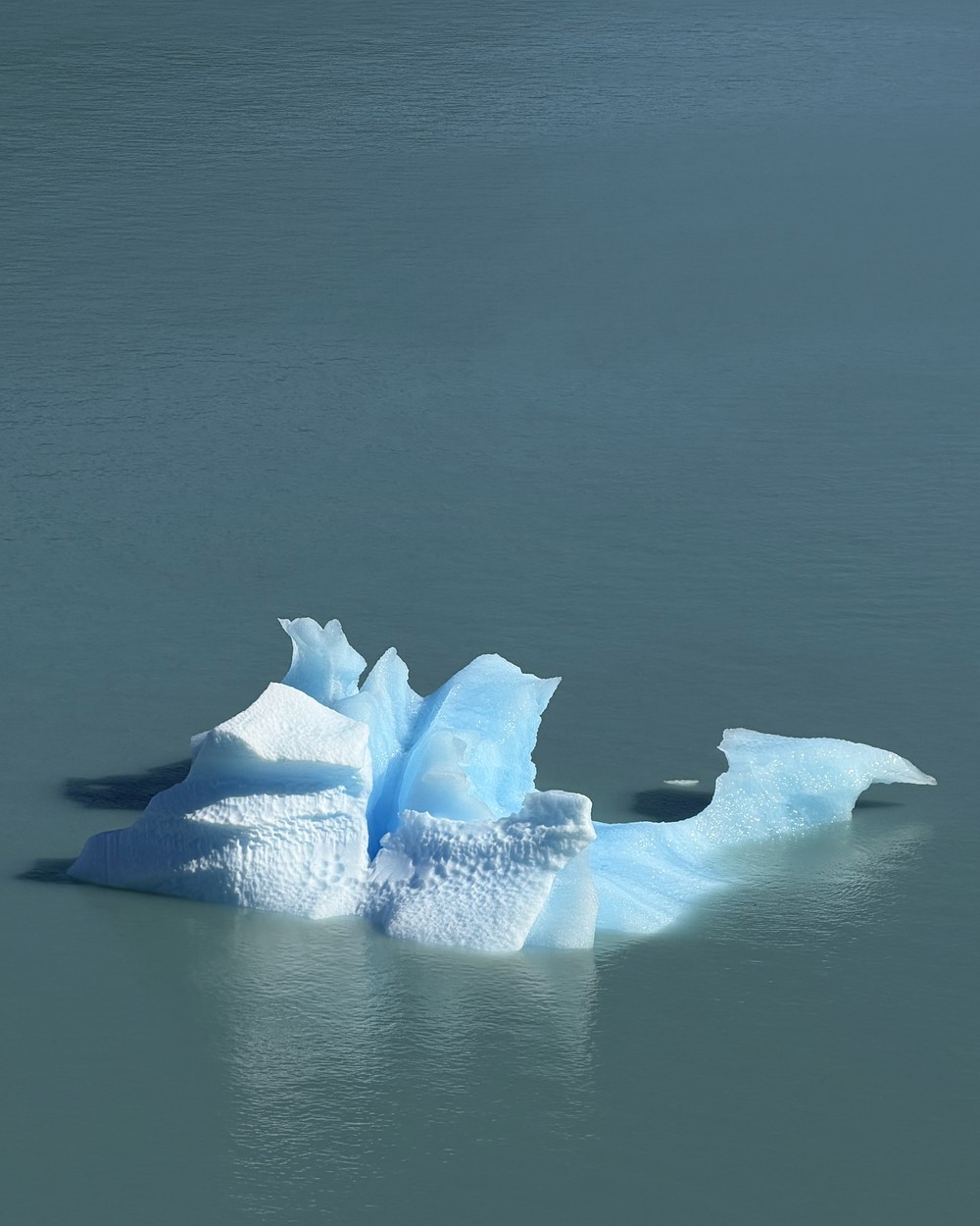 A small, bright blue iceberg sitting on still, milky green water