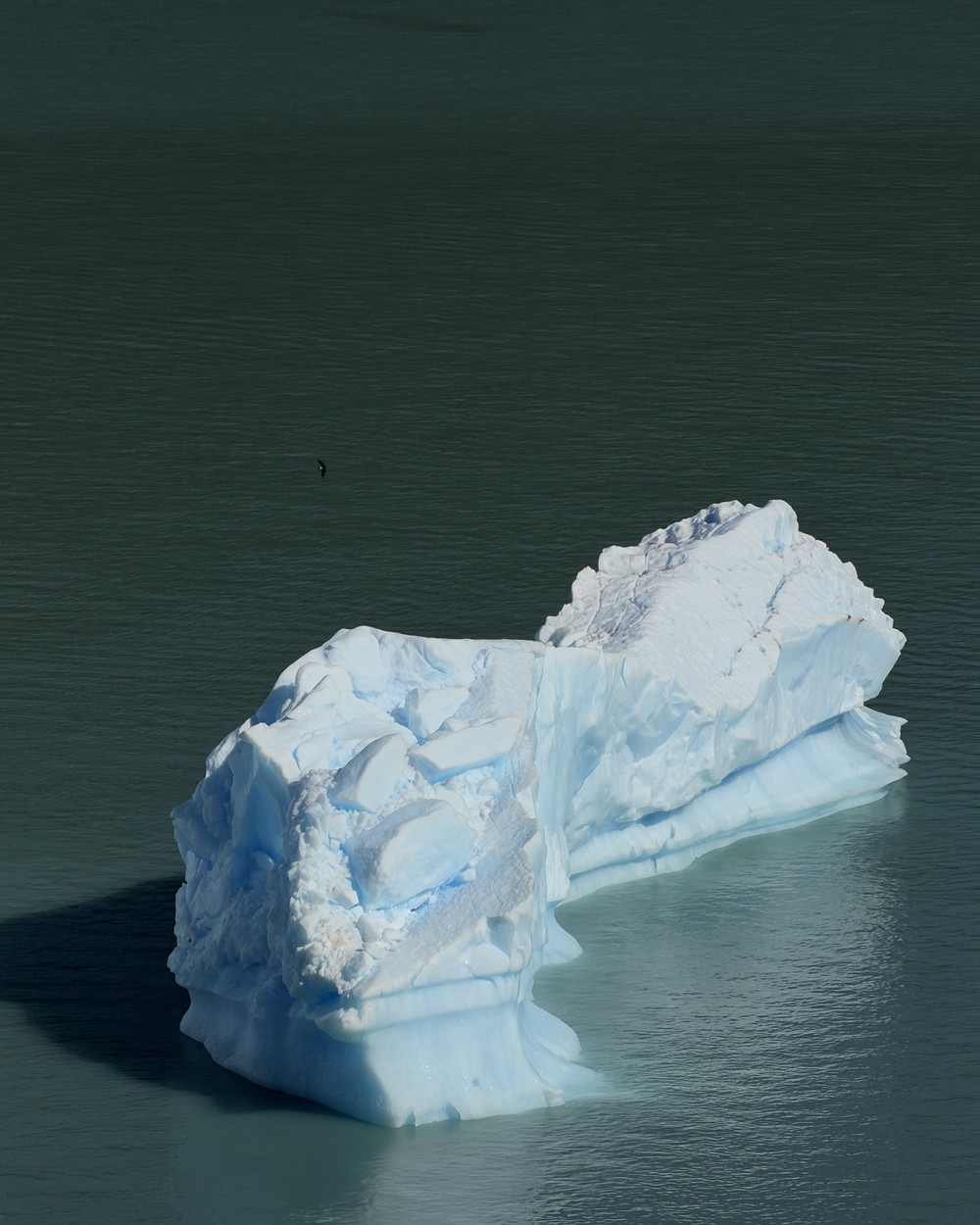 A single iceberg floating on dark green water, seen from above on the walkways