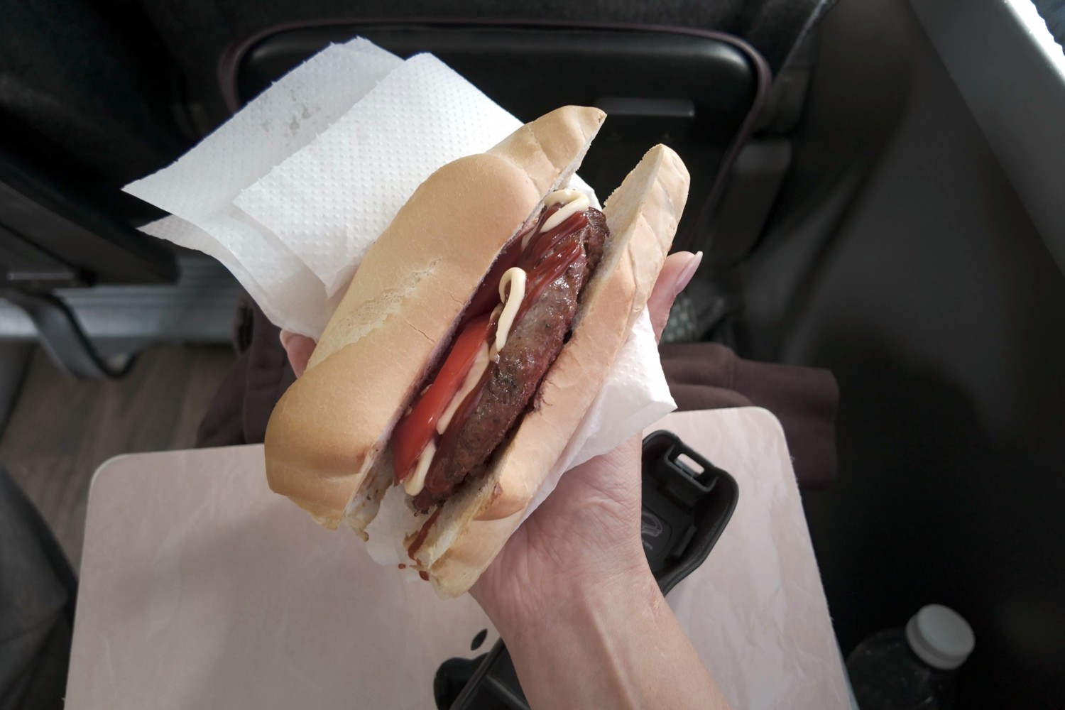 A choripán with tomato, mayonnaise and ketchup held over the tray table on the bus to Puerto Natales