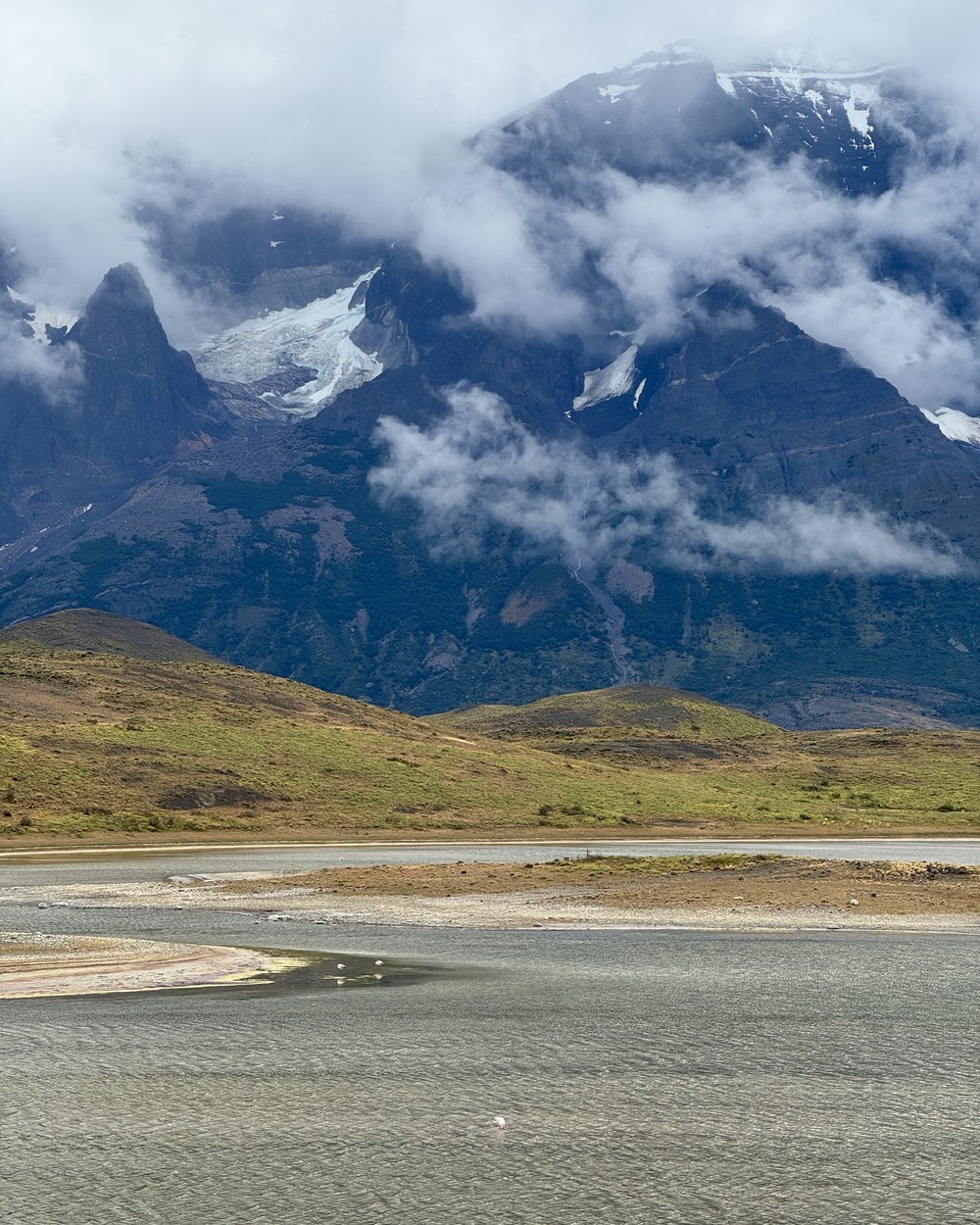 A lagoon with a few pink flamingos in front of cloud-covered mountains and a glacier in Torres del Paine