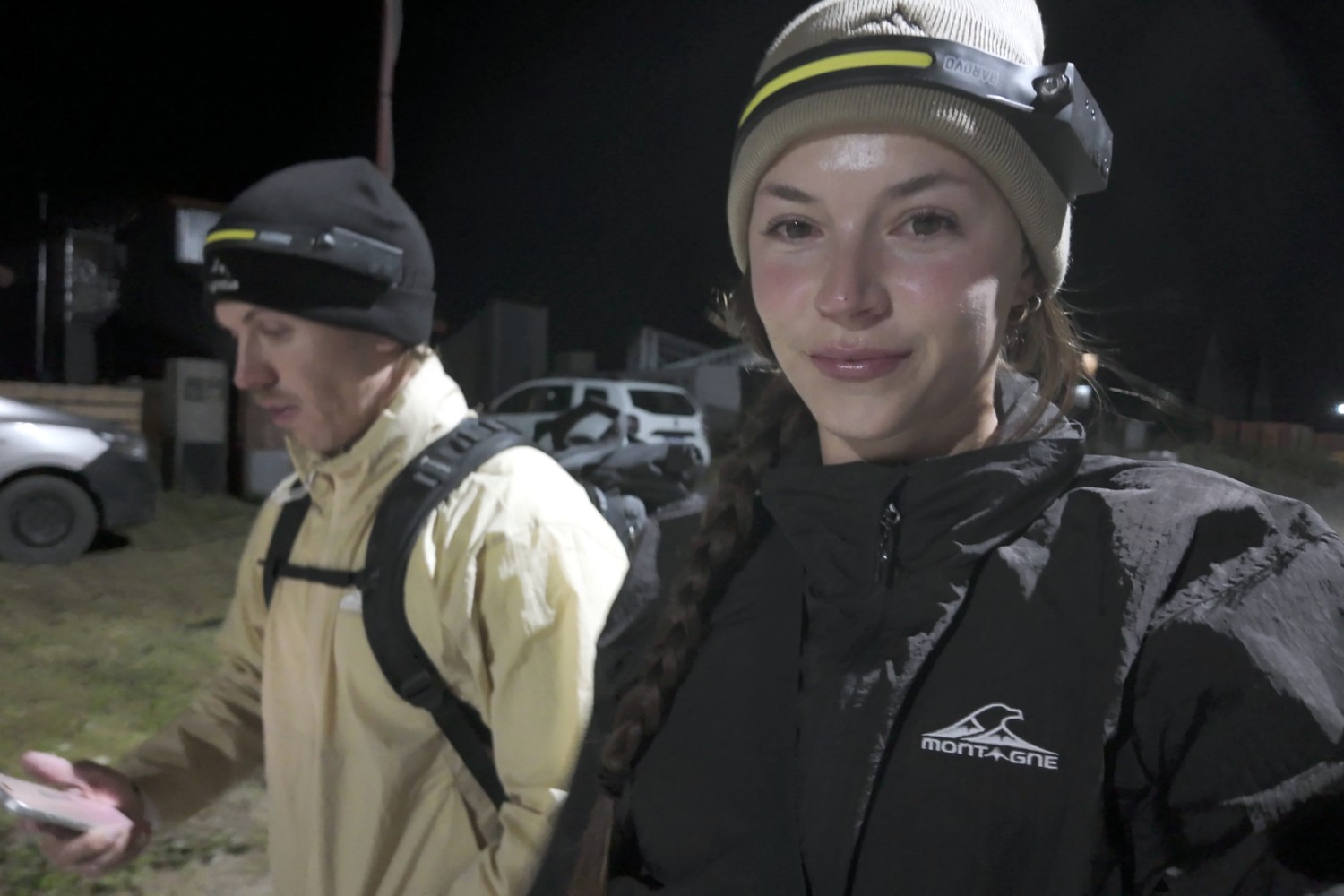 Ellen and Daniel in head torches, about to leave El Chaltén at 1:45am