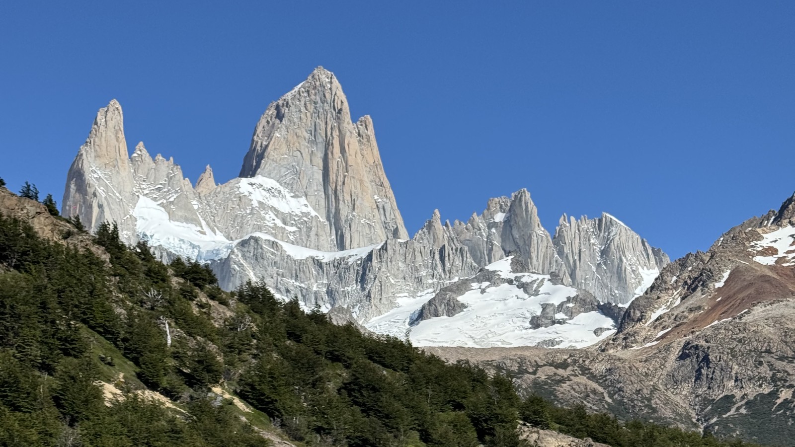 The jagged Fitz Roy skyline under a clear blue sky