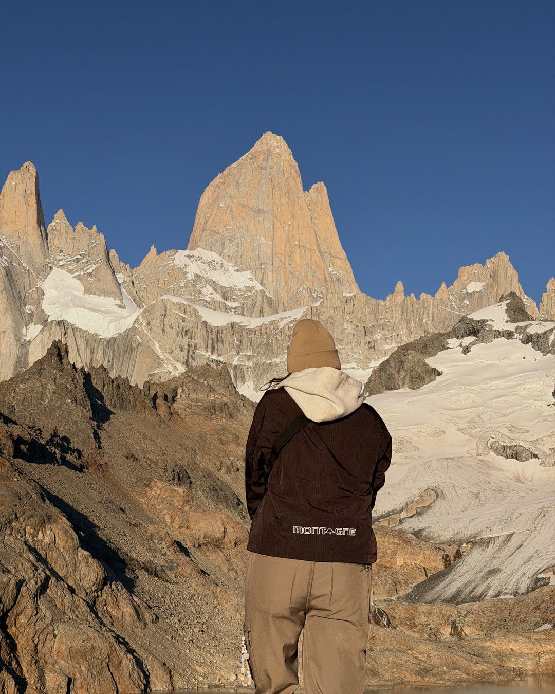 The jagged Fitz Roy skyline under a clear blue sky