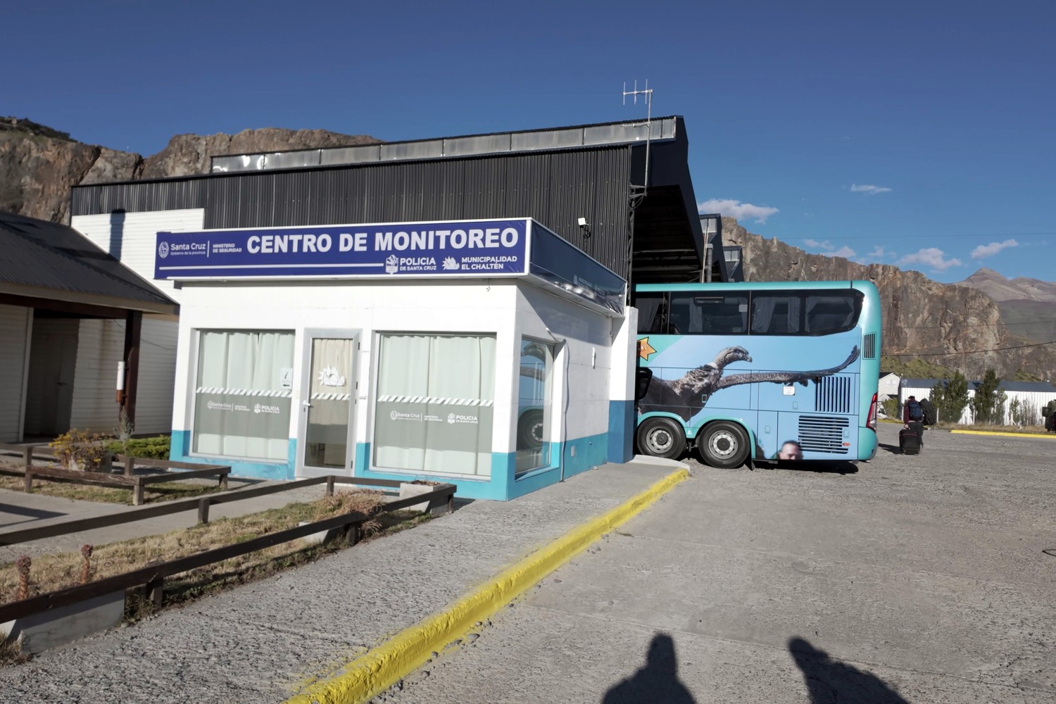The El Chaltén bus terminal on arrival, with the mountains behind