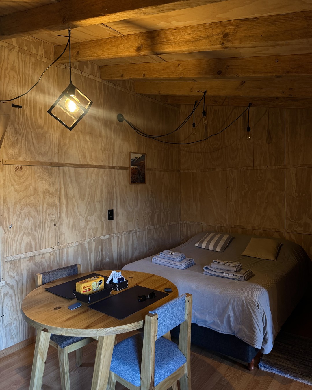 Inside our timber cabin at KUNTUR 2 Cabañas in El Chaltén