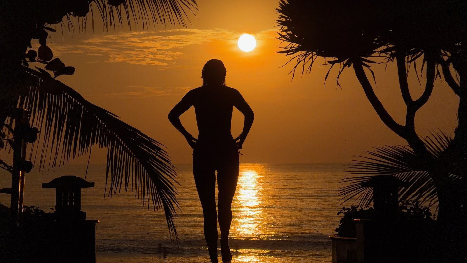 A silhouette framed by trees at sunrise on the beach in Da Nang