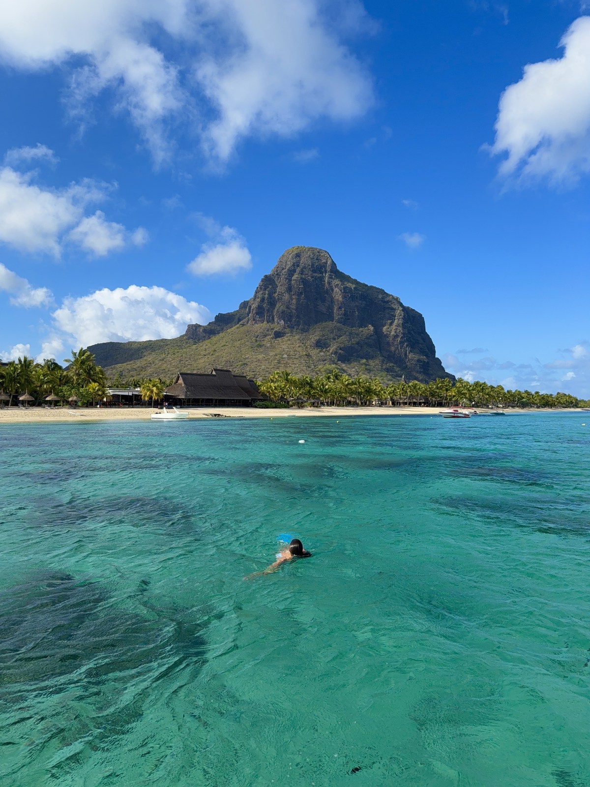 Turquoise water, a swimmer and the steep green mountain beside the Mauritius coast