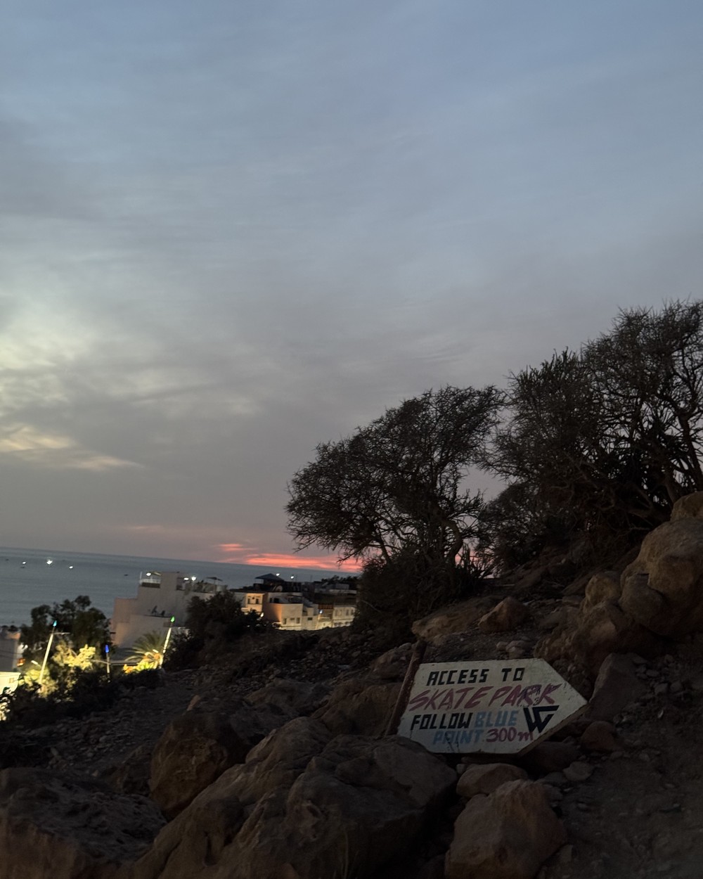 Dusk over the sea and coastline near Tamraght on the Moroccan Atlantic coast