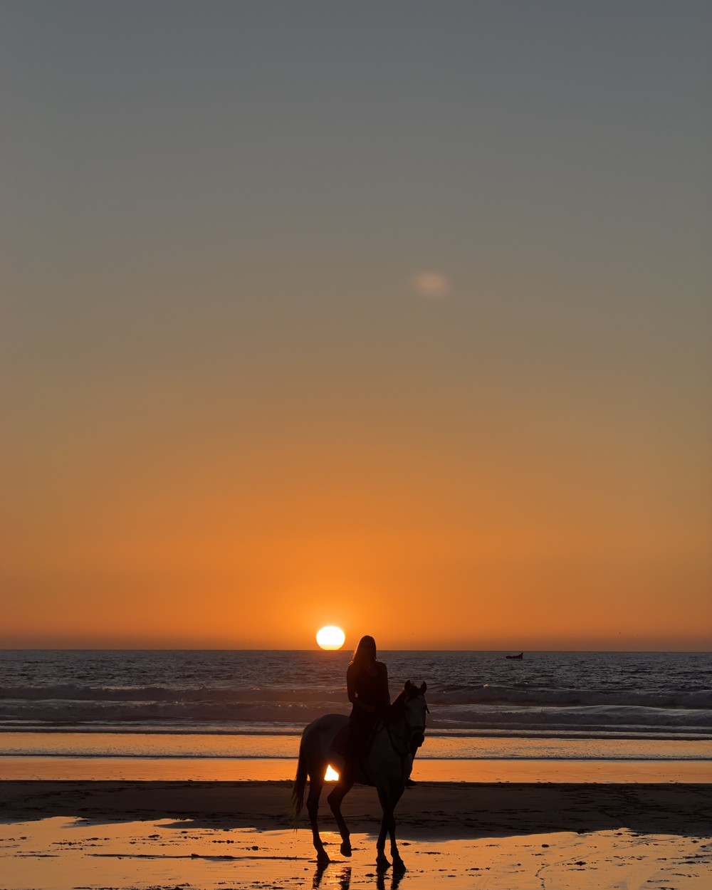 Horse and rider silhouetted on the beach as the sun sets at Tamraght, Morocco