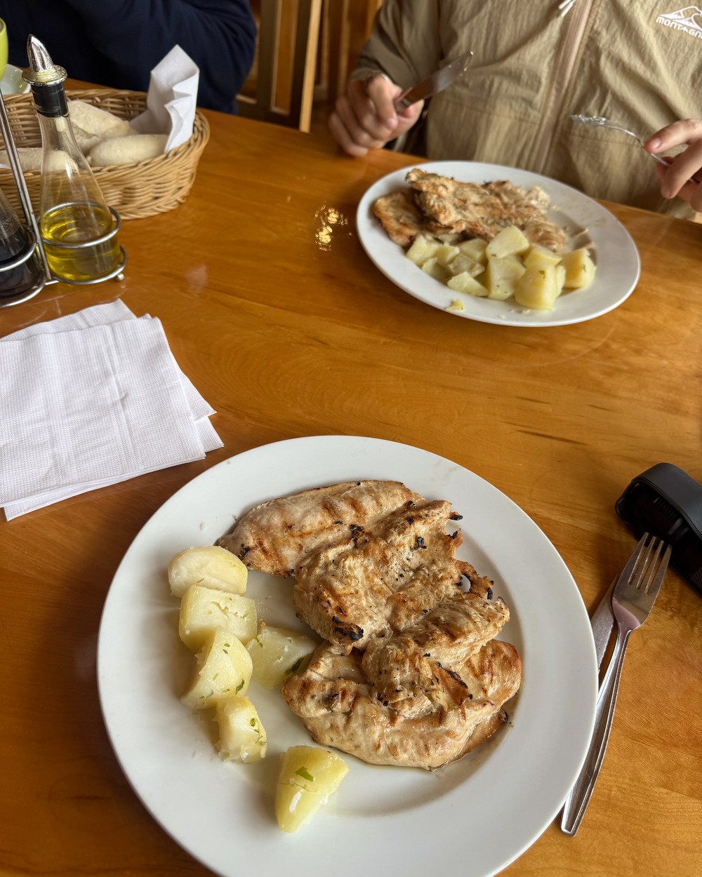 Two plates of grilled chicken and boiled potatoes at the lunch stop on our Torres del Paine day tour