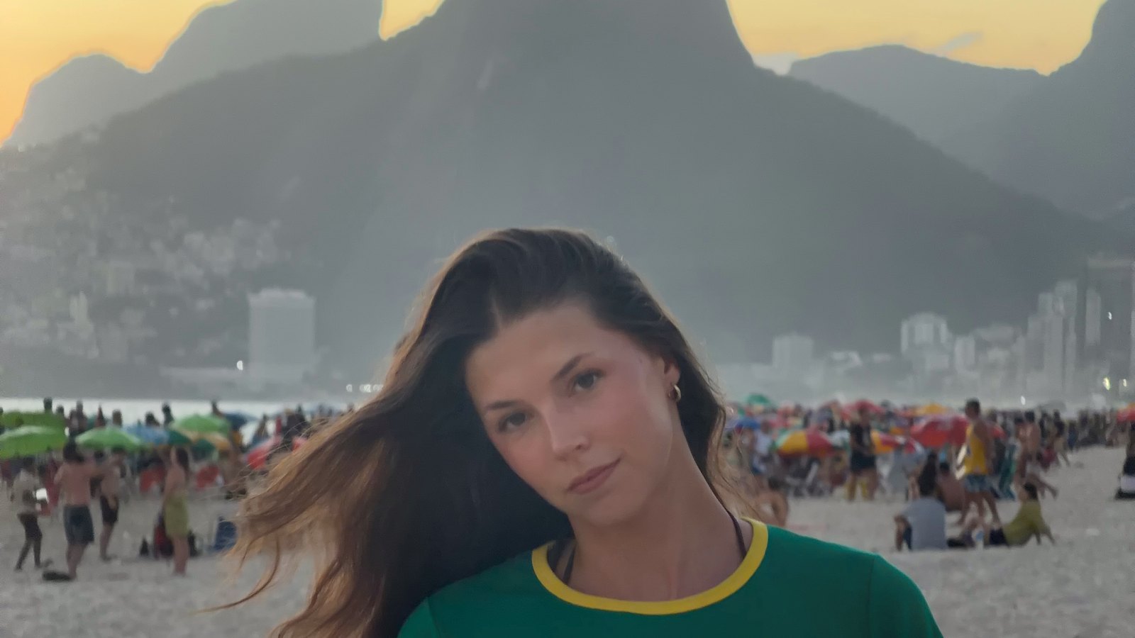 Ellen on Ipanema beach in Rio de Janeiro with the Two Brothers mountains behind
