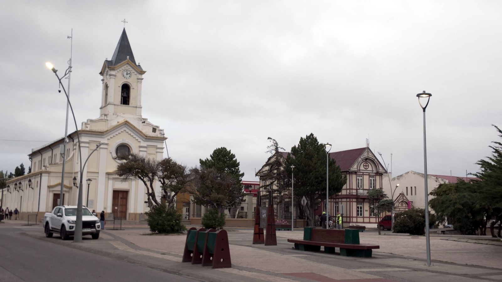 The church and main square in Puerto Natales on a grey day