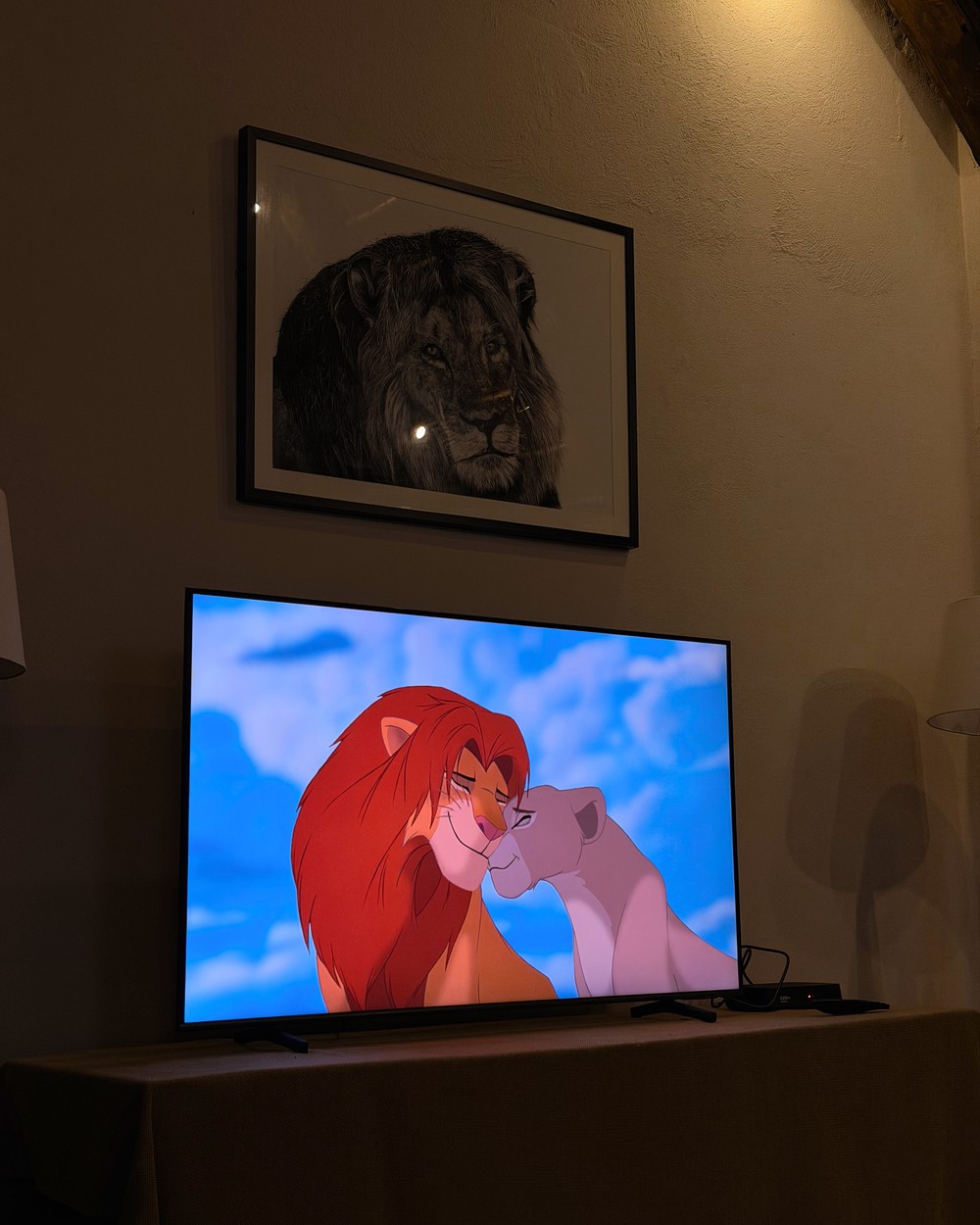 The Lion King playing on a television in the lounge of a safari lodge