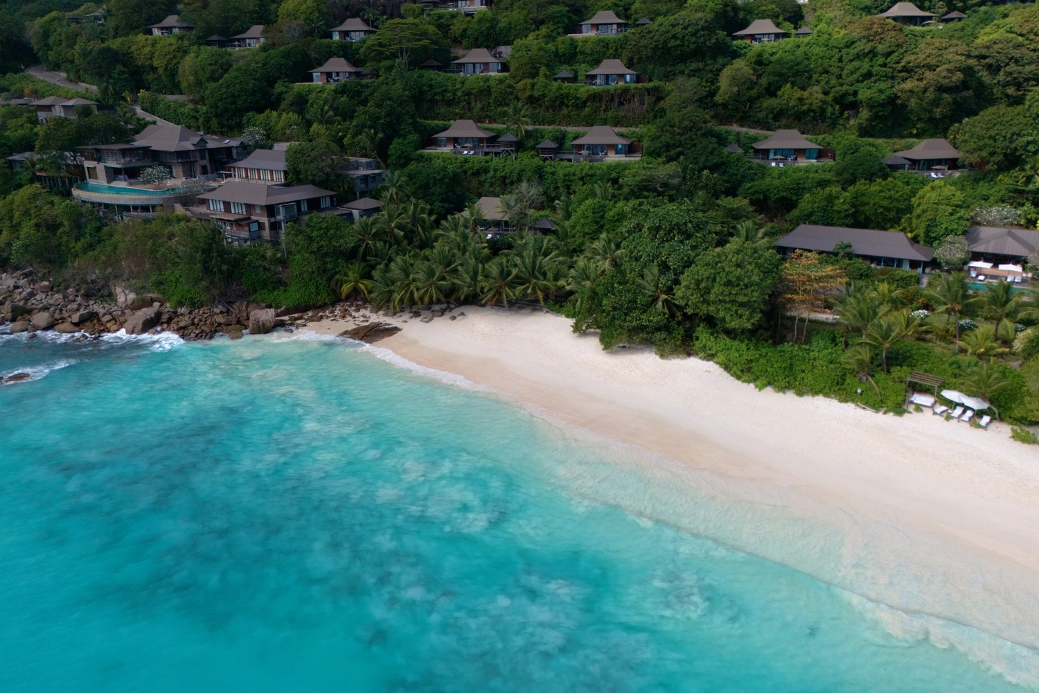 Aerial view of Petite Anse beach and the Four Seasons villas on Mahe