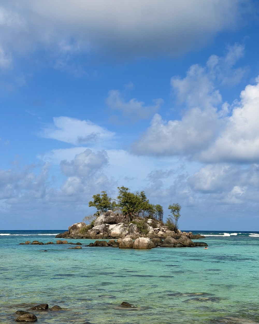 A tiny granite island covered in palms just offshore at Anse Royale on Mahé under building cloud
