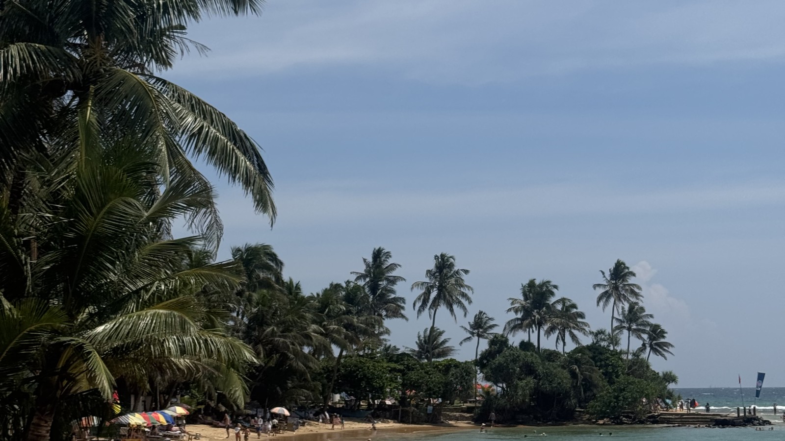 Palm trees leaning over shallow turquoise water at Hikkaduwa beach, Sri Lanka