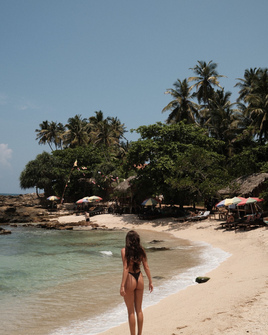 Curved sandy bay backed by a jungle headland on the south coast of Sri Lanka