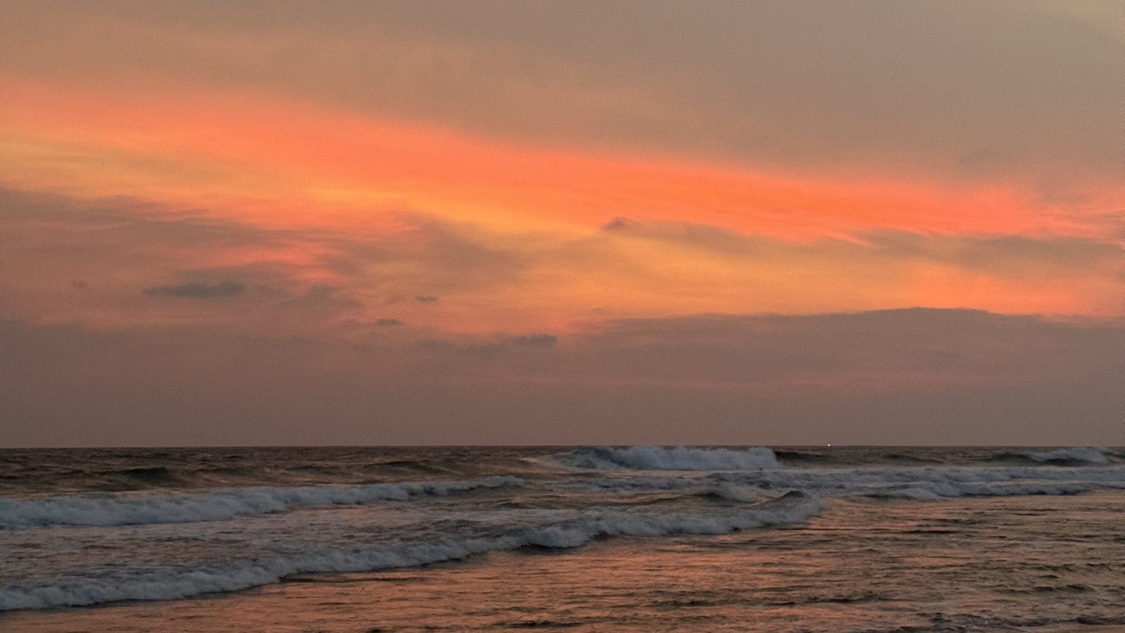 Sun setting over the ocean through coconut palms on the south coast of Sri Lanka