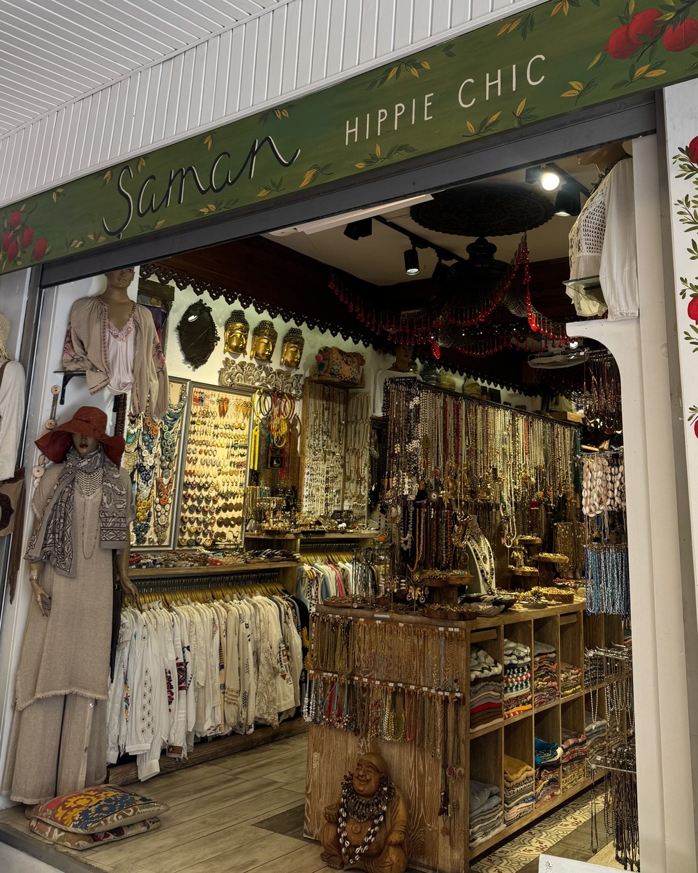 Jewellery and clothing on display at a shopfront in the old town at Fethiye