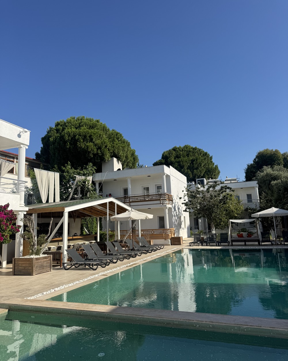 Swimming pool and loungers surrounded by white buildings and trees at Costa Maya Bodrum