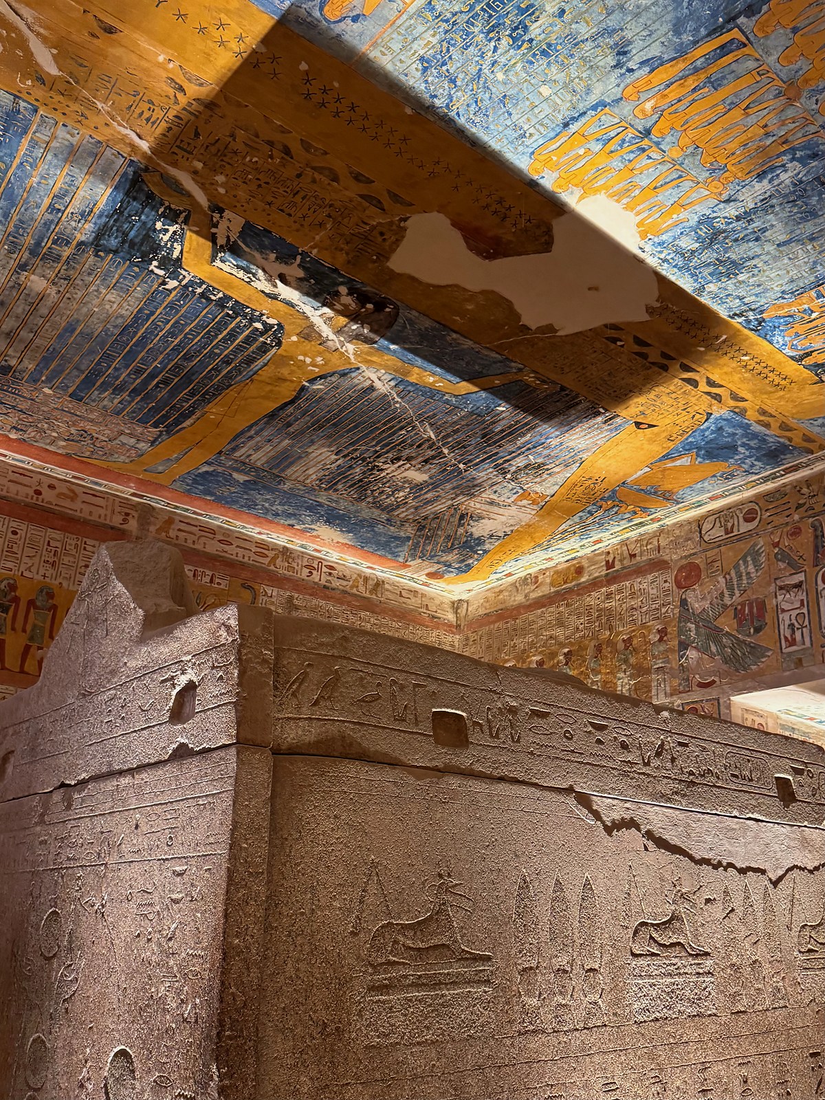 Blue and gold painted tomb ceiling photographed during our Valley of the Kings visit