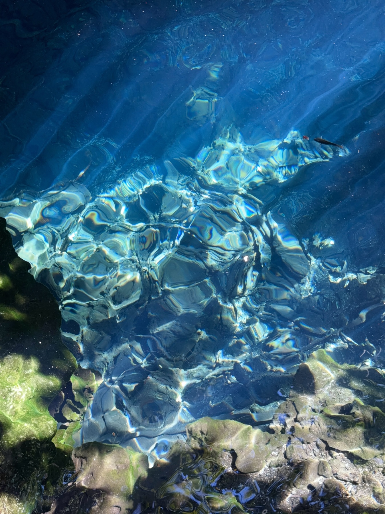 Sunlight forming bright patterns on submerged rocks in Maalum's clear blue water