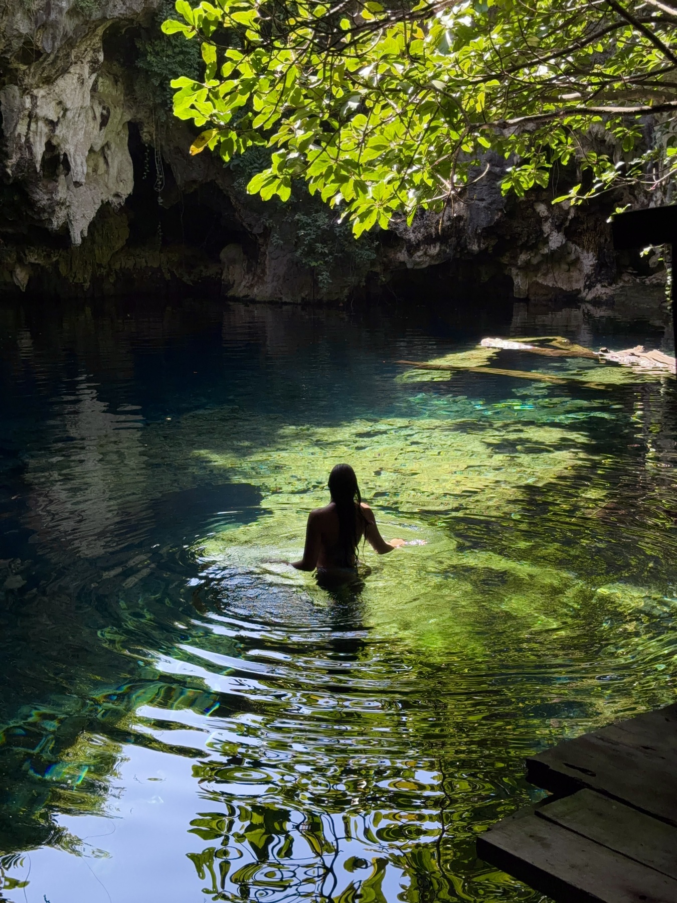 Ellen swimming beneath the leafy opening of Maalum Cave in Zanzibar