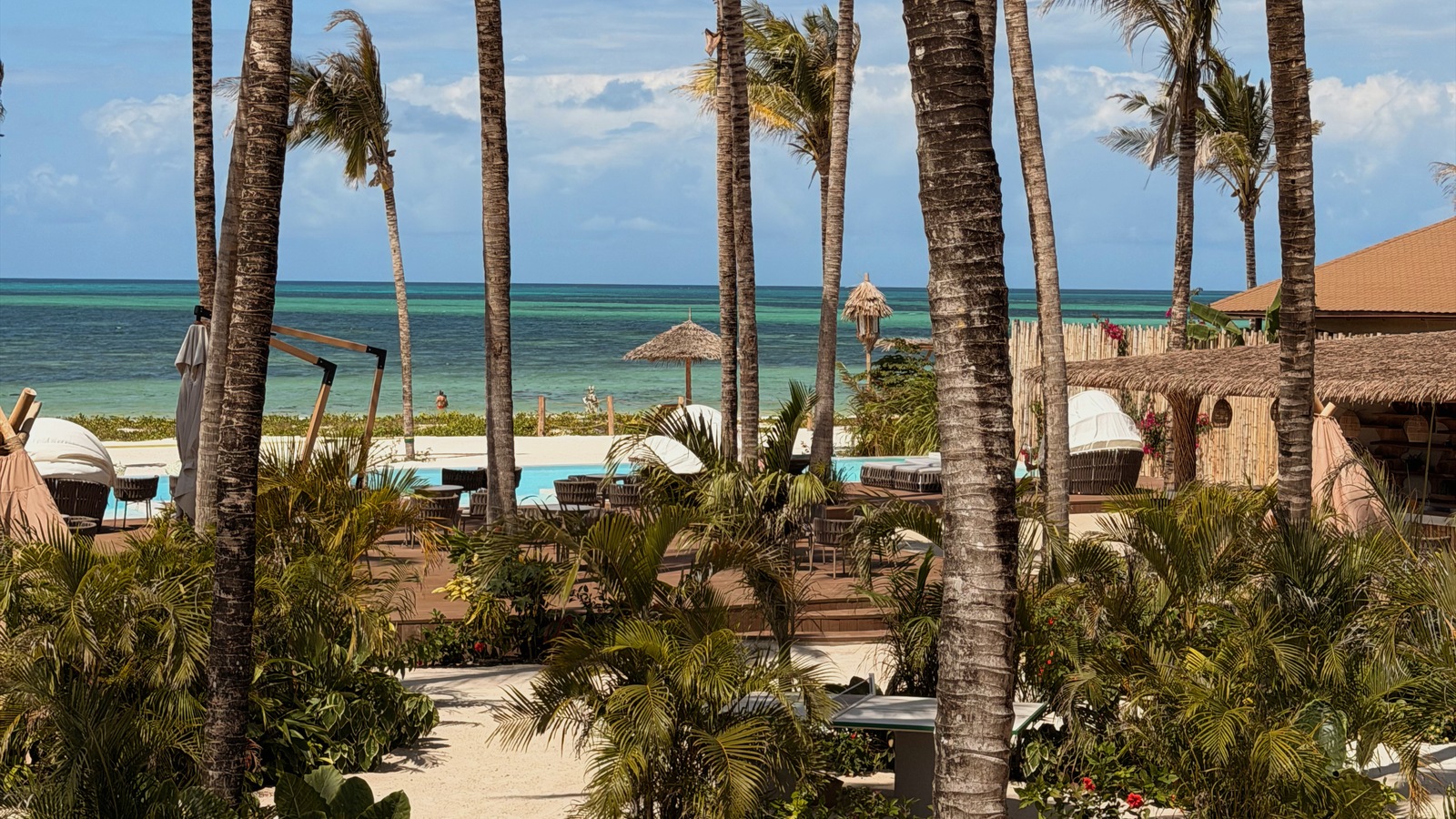 Palm trees, a swimming pool and the ocean at ENVI Paje in Zanzibar