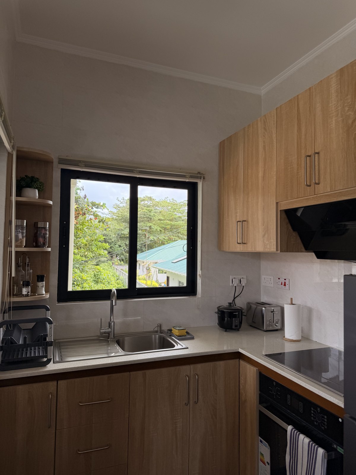 The kitchen inside our Chez Rona apartment on Praslin