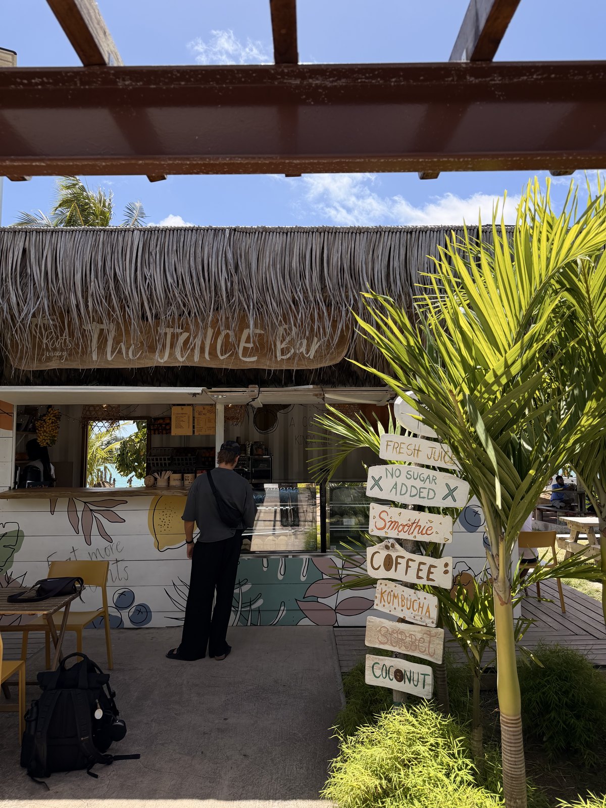 Fresh fruit smoothies at Roots Juicery near the Praslin ferry port