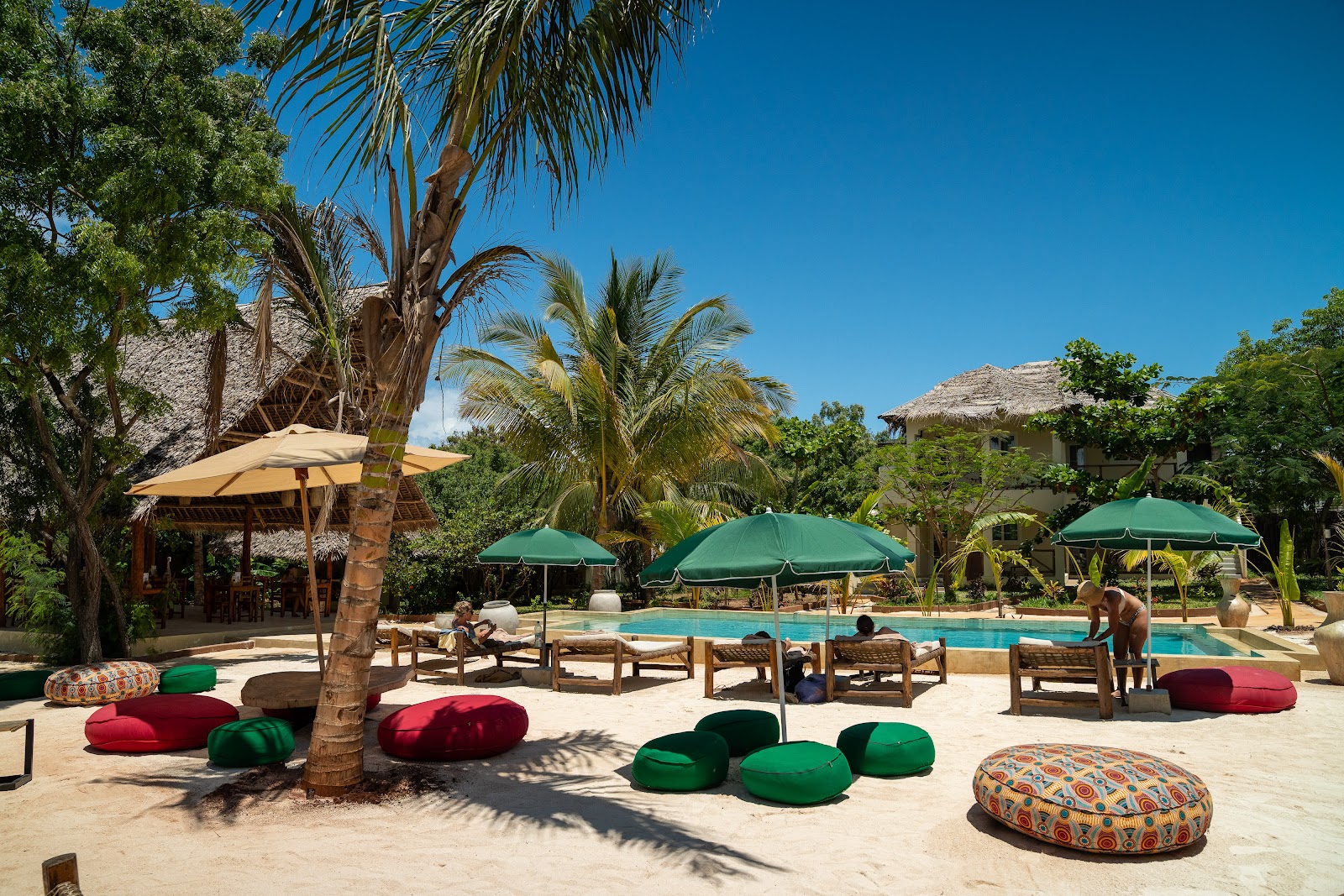 Pool, palms and loungers at Hostel 197 in Nungwi