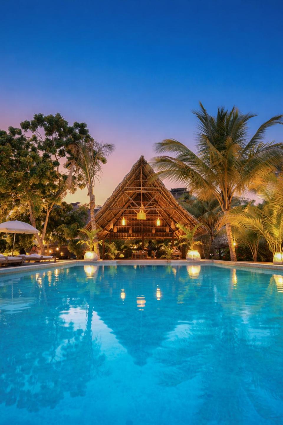 Swimming pool, palm trees and thatched pavilion at Hostel 197 in Nungwi